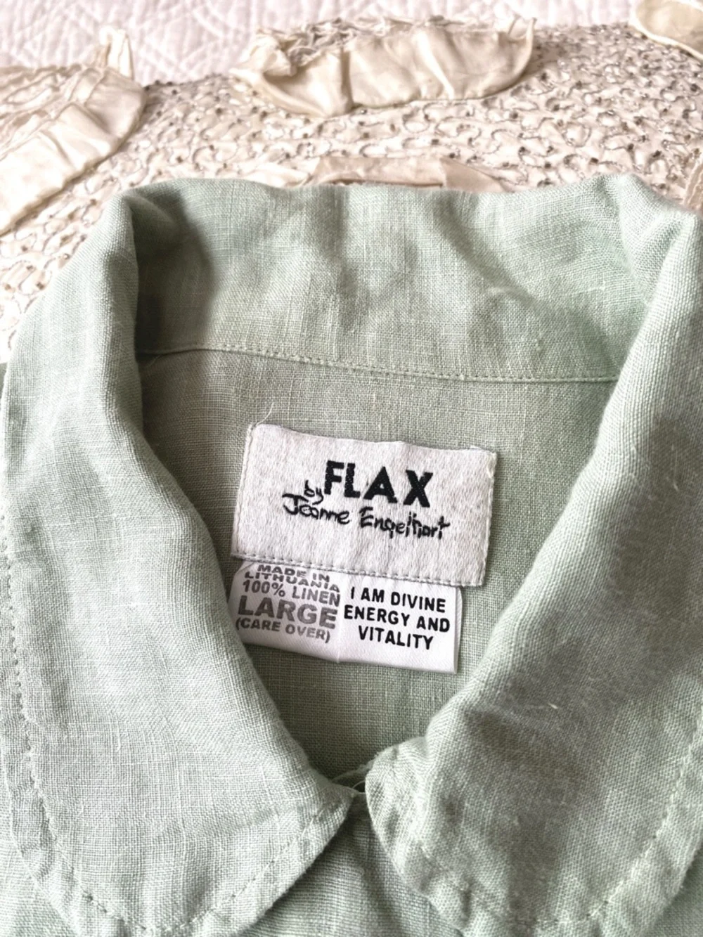 Flax 100% Sage Green Linen Button Front Tunic Shirt Top Long Sleeve Size L - Picture 4 of 16